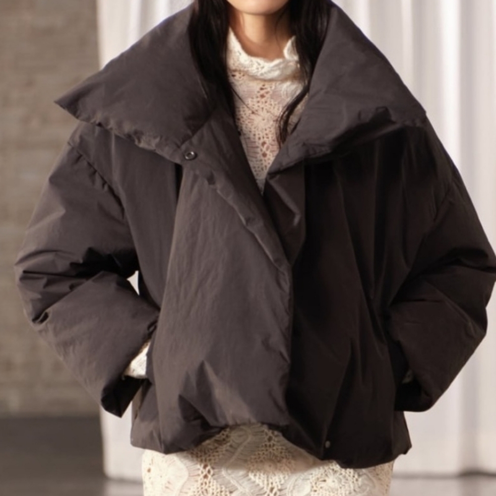 Zara Dark Gray/Black Cropped Puffer Jacket With Oversized Collar